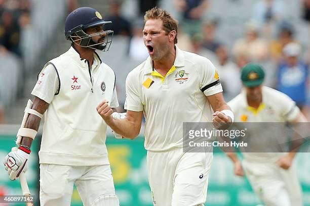 Ryan Harris of Australia celebrates dismissing Shikhar Dhawan of India during day five of the Third Test match between Australia and India at...