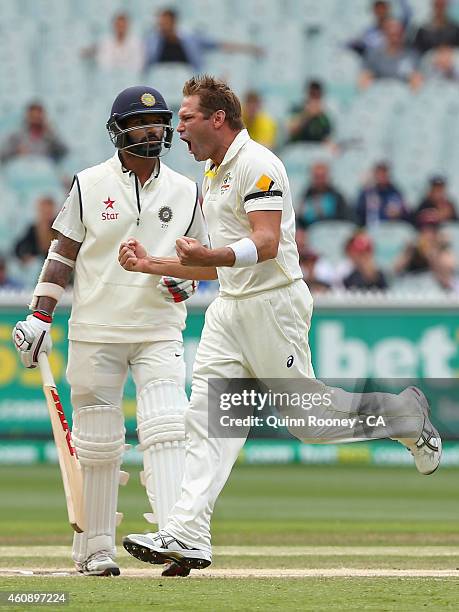 Ryan Harris of Australia celebrates the wicket of Shikhar Dhawan of India during day five of the Third Test match between Australia and India at...