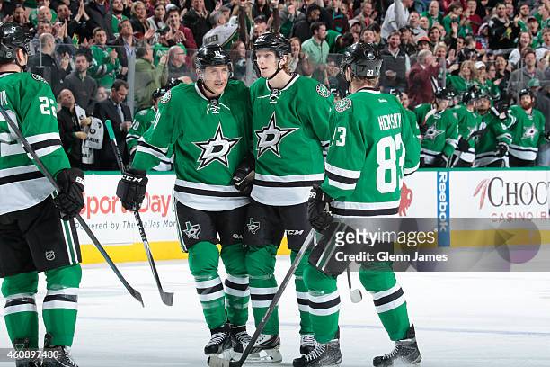 John Klingberg, Shawn Horcoff, Ales Hemsky and the Dallas Stars celebrate a goal against the New York Rangers at the American Airlines Center on...