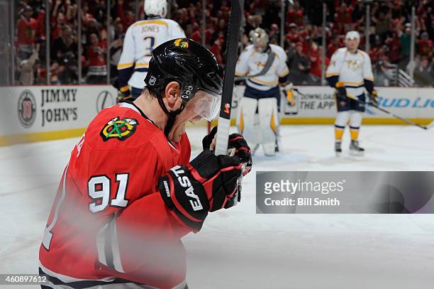 Brad Richards of the Chicago Blackhawks reacts after scoring against the Nashville Predators in the second period during the NHL game at the United...