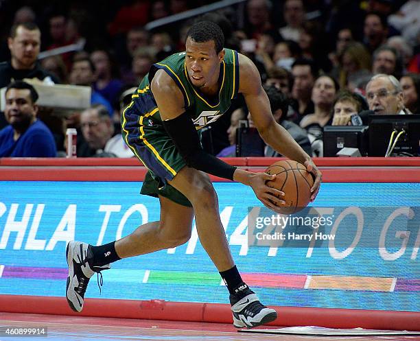 Rodney Hood of the Utah Jazz loses the ball out of bounds during the first half against the Los Angeles Clippers at Staples Center on December 29,...