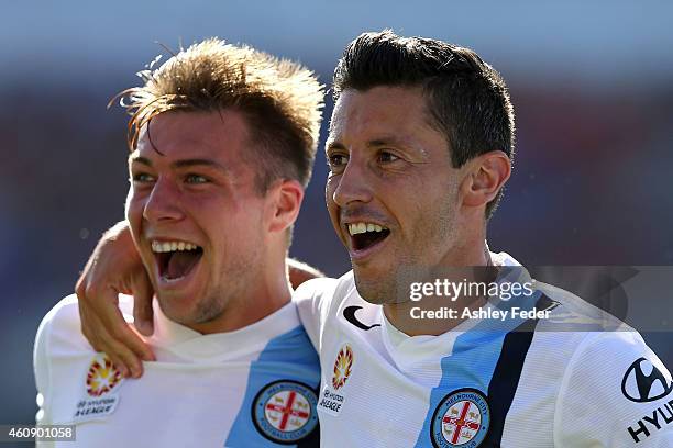 Damien Duff and Robert Koren of Melbourne City celebrates a goal during the round 14 A-League match between the Newcastle Jets and Melbourne City FC...