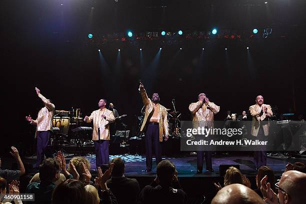 Members of The Temptations: Joe Herndon, Terry Weeks, Otis Williams, Bruce Williamson and Ronald Tyson take their curtain call bow at "The...