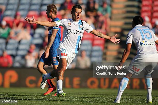 Robert Koren of Melbourne City celebrates scoring a goal during the round 14 A-League match between the Newcastle Jets and Melbourne City FC at...