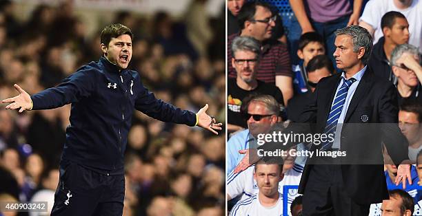 In this composite image a comparision has been made between Mauricio Pochettino, Manager of Tottenham Hotspur and Jose Mourinho, Manager of Chelsea....