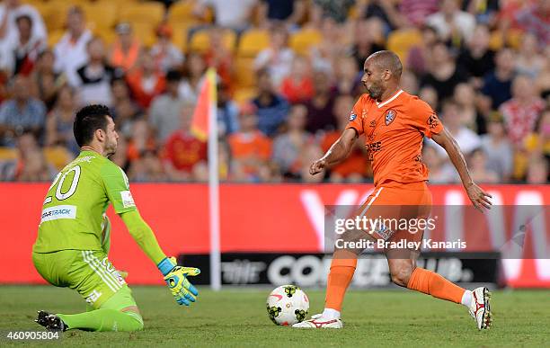 Henrique of the Roar takes on Ivan Necevski of Sydney FC but is called back for offside during the round 14 A-League match between the Brisbane Heat...