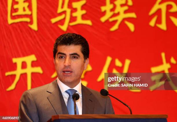 Iraqi Kurdish premier Nechirvan Barzani delivers a speech during the inauguration ceremony of the Consulate General of People's Republic of China on...