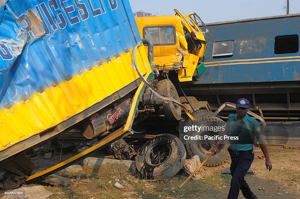 Lorry and train collide at Kamalapur Rail Station where six...