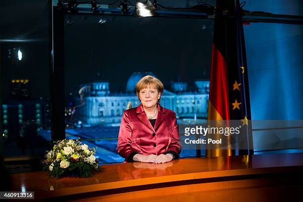 German Chancellor Angela Merkel makes her New Year's speech on December 30, 2014 in Berlin, Germany.