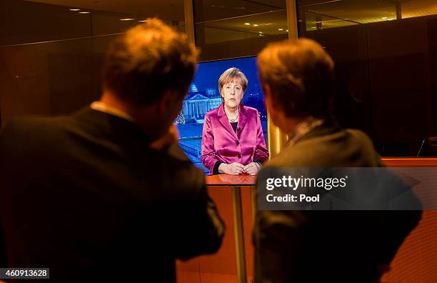 German Chancellor Angela Merkel makes her New Year's speech on December 30, 2014 in Berlin, Germany.