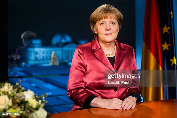 German Chancellor Angela Merkel makes her New Year's speech on December 30, 2014 in Berlin, Germany.