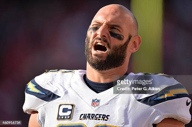 Linebacker Jarret Johnson of the San Diego Chargers reacts to a play against the Kansas City Chiefs during the second half on December 28, 2014 at...