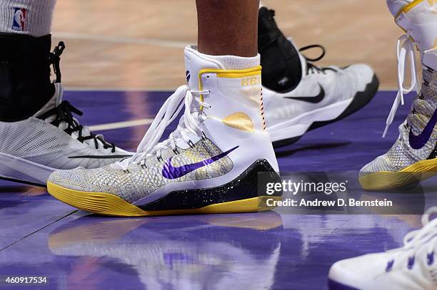 The shoes of Kobe Bryant of the Los Angeles Lakers during the game against the Phoenix Suns on December 28, 2014 at Staples Center in Los Angeles,...