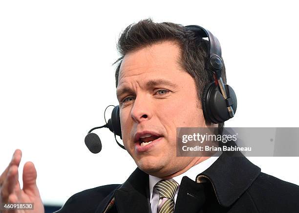 Former NHL player and NHL Network analyst Martin Biron speaks during an NHL Live show at the 2015 Bridgestone NHL Winter Classic Build Out on...