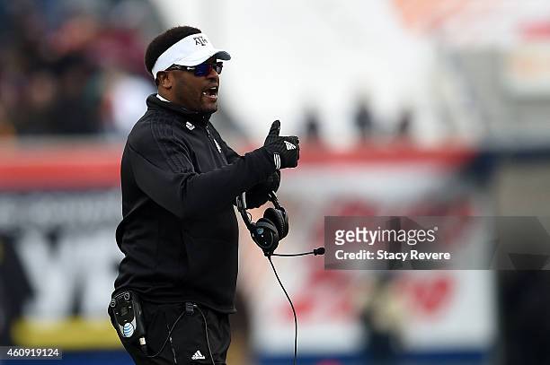 Head coach Kevin Sumlin of the Texas A&M Aggies reacts to an officials call during the third quarter of the 56th annual Autozone Liberty Bowl against...