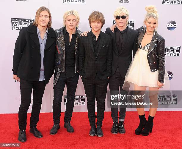 Musicians Rocky Lynch, Ross Lynch, Ellington Ratliff, Riker Lynch and Rydel Lynch of R5 arrive at the 2014 American Music Awards at Nokia Theatre...