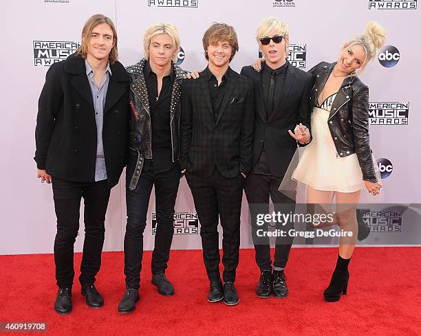 Musicians Rocky Lynch, Ross Lynch, Ellington Ratliff, Riker Lynch and Rydel Lynch of R5 arrive at the 2014 American Music Awards at Nokia Theatre...