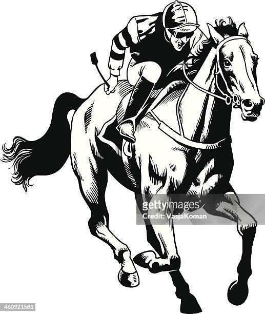 illustrazioni stock, clip art, cartoni animati e icone di tendenza di mano disegnata cavallo purosangue - jockey