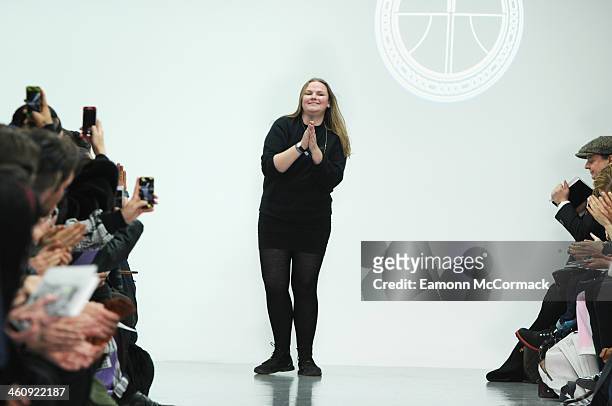 Fashion designer Astrid Andersen acknowledges the applause of the audience after the Astrid Andersen show during The London Collections: Men...