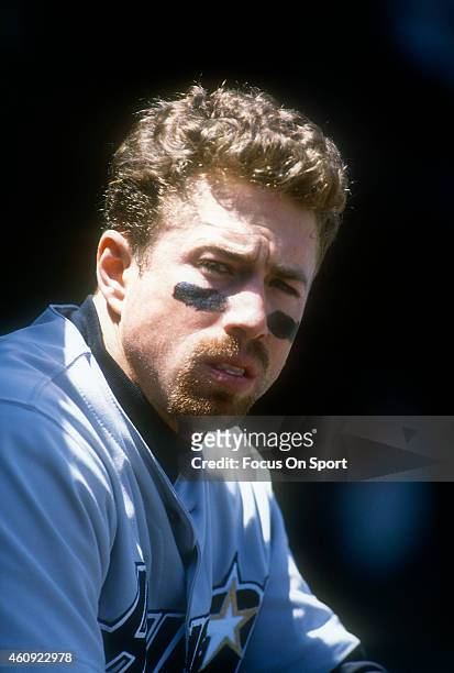 Jeff Bagwell of the Houston Astros looks on from the dugout against the San Francisco Giants during an Major League Baseball game circa 1996 at...