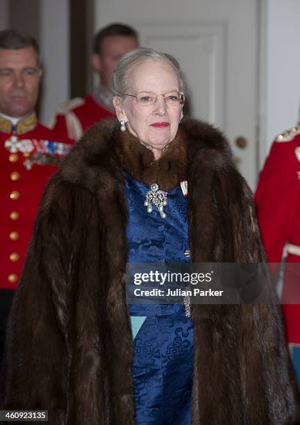 Queen Margrethe of Denmark attend a New Year's Levee held by Queen Margrethe of Denmark for Diplomats at Christiansborg Palace on January 6, 2014 in...