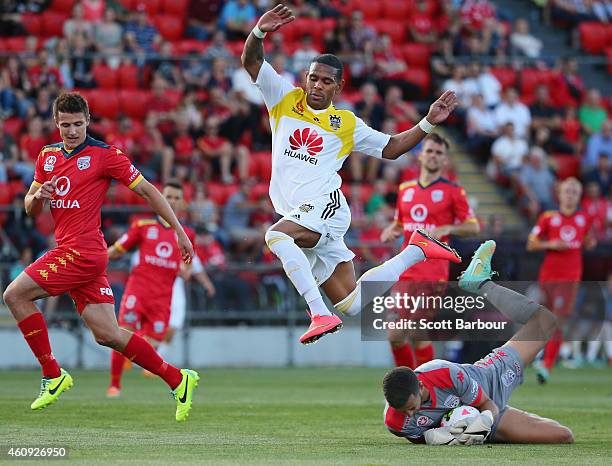 Kenny Cunningham of the Phoenix jumps over goalkeeper Paul Izzo of United as he makes a save during the round 14 A-League match between Adelaide...
