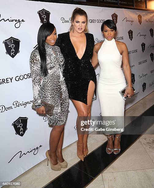 Television personalities Khadijah Haqq, Khloe Kardashian and Malika Haqq arrive at 1 OAK Nightclub at The Mirage Hotel & Casino on December 30, 2014...