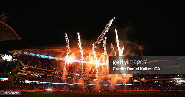 Fireworks are seen during celebrations for New Years Eve after the Big Bash League match between the Adelaide Strikers and the Hobart Hurricanes at...