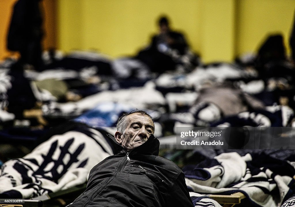 Homeless people taking shelter at a sports hall in Istanbul