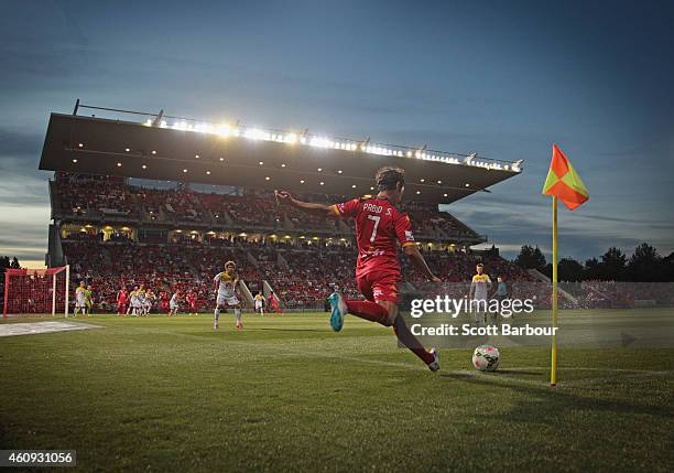 General view as Pablo Sanchez of United takes a corner kick during the round 14 A-League match between Adelaide United and Wellington Phoenix at...