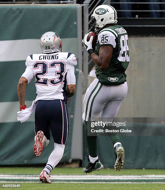 New York Jets tight end Jeff Cumberland beats New England Patriots strong safety Patrick Chung for a second quarter touchdown reception. The New...