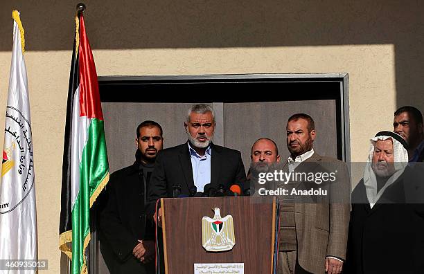 Palestinian Prime Minister Ismail Haniyeh holds a press conference at Interior Ministry building on January 6 in Gaza, West Bank.