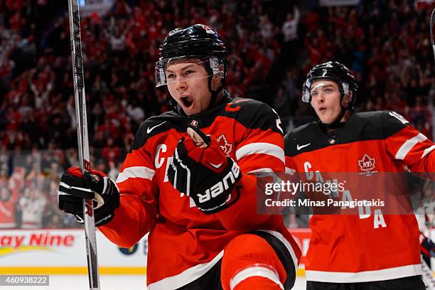 Curtis Lazar of Team Canada celebrates his goal in a preliminary round game during the 2015 IIHF World Junior Hockey Championships against Team...