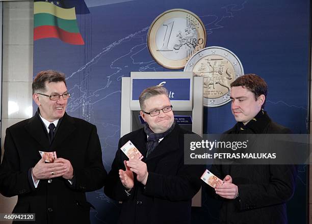 Lithuanian Prime Minister Algirdas Butkevicius , Chairman of the Board of the Bank of Lithuania Vitas Vasiliauskas, and Estonian Prime Minister Taavi...