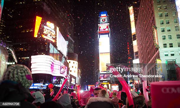 People cheer as the ball drops at midnight in Times Square on January 1, 2015 in New York City. An estimated one million people from around the world...