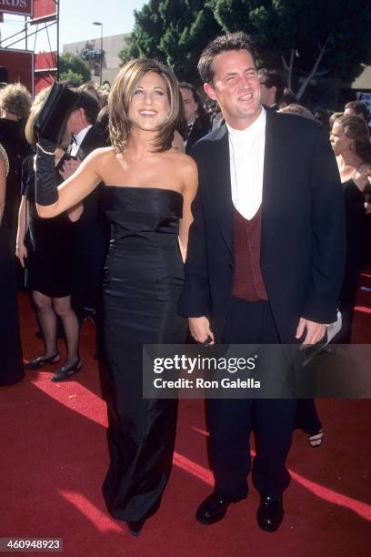 Actress Jennifer Aniston and actor Matthew Perry attend the 47th Annual Primetime Emmy Awards on September 9, 1995 at the Pasadena Civic Auditorium...