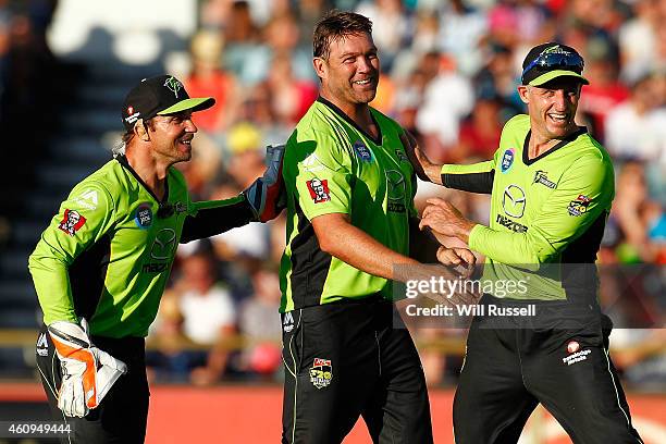 Jacques Kallis of the Thunder celebrates after taking the wicket of Adam Voges of the Scorchers during the Big Bash League match between the Perth...