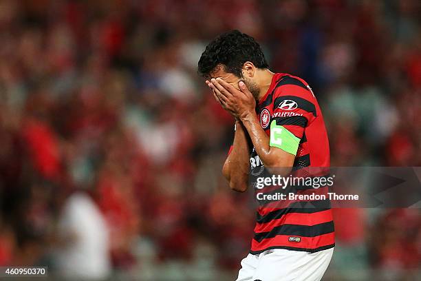 Nikolai Topor-Stanley of the Wanderers reacts at full time following the round 14 A-League match between the Western Sydney Wanderers and the Central...