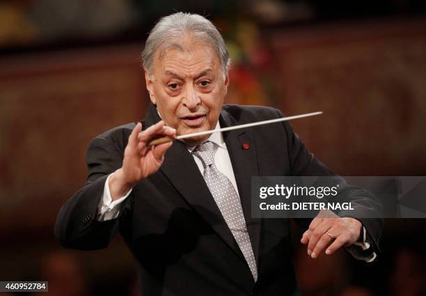 Indian conducter Zubin Mehta performs with the Vienna Philharmonic Orchestra during the New Year's Concert at the Golden Hall of the Musikverein on...