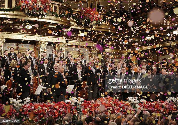 Indian conducter Zubin Mehta performs with the Vienna Philharmonic Orchestra during the New Year's Concert at the Golden Hall of the Musikverein on...