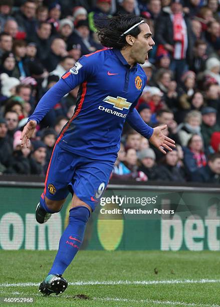 Radamel Falcao of Manchester United celebrates scoring their first goal during the Barclays Premier League match between Stoke City and Manchester...