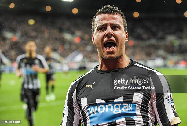 Steven Taylor of Newcastle United celebrates after scoring the opening goal during the Barclays Premier League match between Newcastle United and...