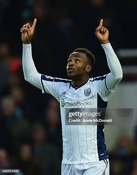 Saido Berahino of West Bromwich Albion as he scores their first goal during the Barclays Premier League match between West Ham United and West...