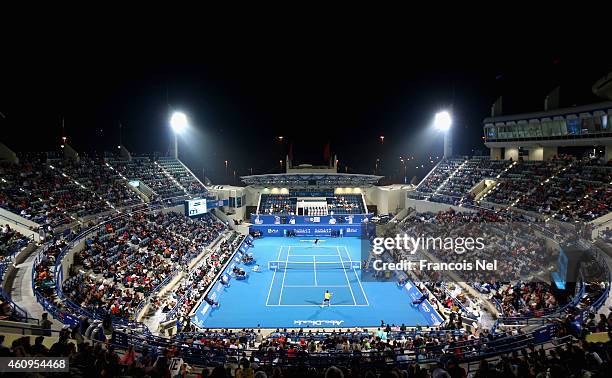 General view of the action as Andy Murray of Great Britain plays against Feliciano Lopez of Spain during day one of the Mubadala World Tennis...