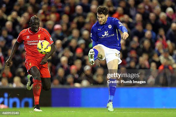 Leicester's David Nugent scores and celebrates to make it 2-1 during the Premier League match between Liverpool and Leicester City at Anfield on...