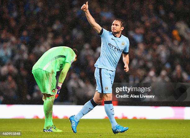Frank Lampard of Manchester City celebrates his team's third goal during the Barclays Premier League match between Manchester City and Sunderland at...