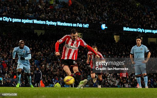 Adam Johnson scores the second Sunderland goal from the penalty spot during the Barclays Premier League match between Manchester City and Sunderland...