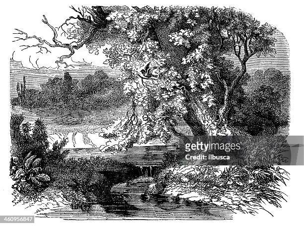 springtime landscape - cascade france stock illustrations