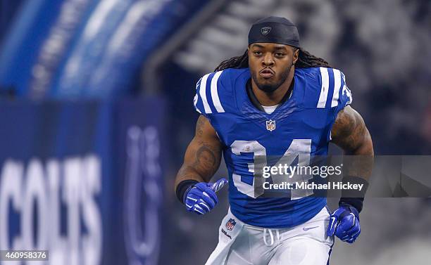 Trent Richardson of the Indianapolis Colts takes the field during player introductions before the game against the Houston Texans at Lucas Oil...