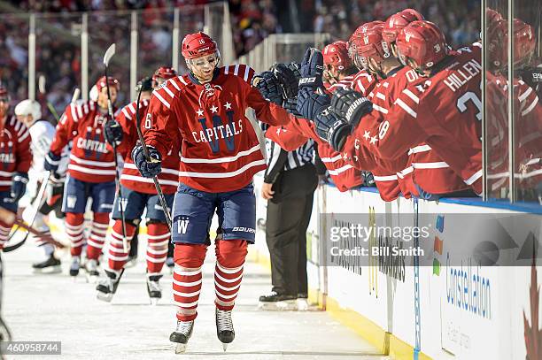 Eric Fehr of the Washington Capitals celebrates after scoring against the Chicago Blackhawks in the first period of the 2015 Bridgestone NHL Winter...